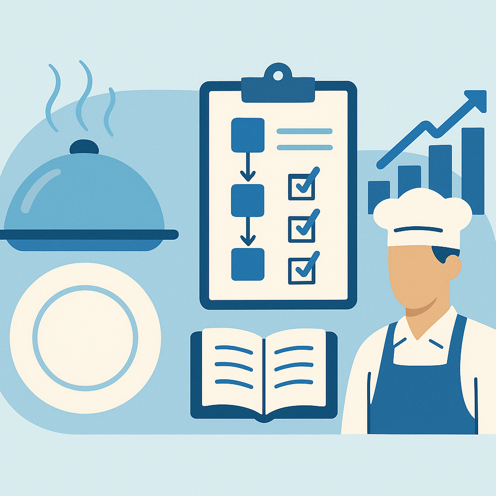Flat-style illustration showing restaurant system pillars — consistency, efficiency, cost management, and staff training — represented with icons of a checklist, bar chart, chef, and manual.