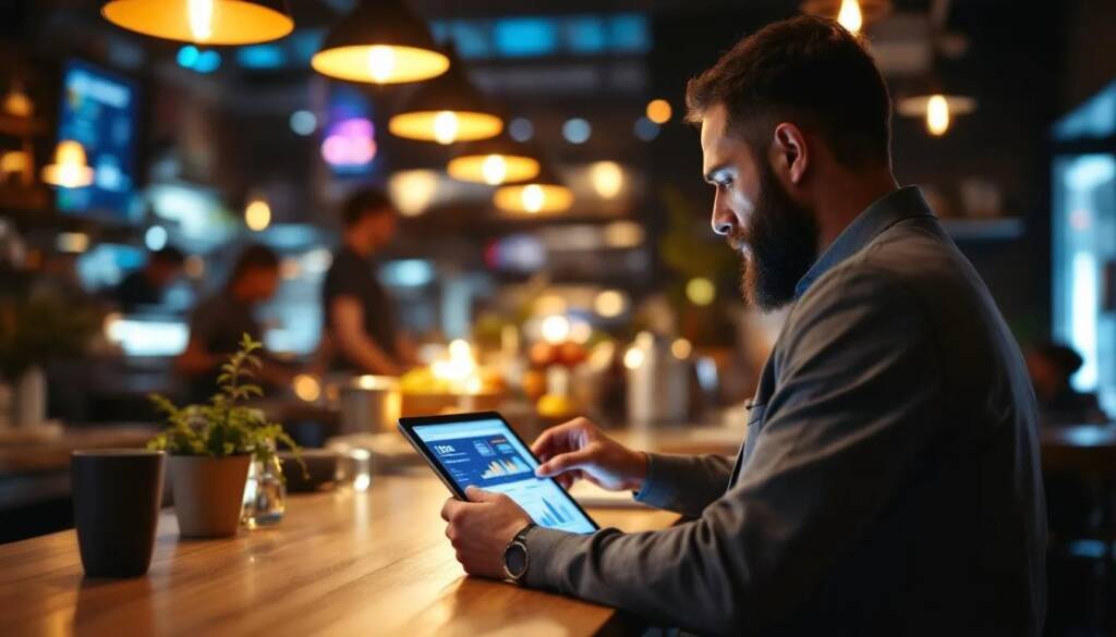 Restaurant owner reviewing digital dashboards in a modern restaurant, representing system design and business efficiency.