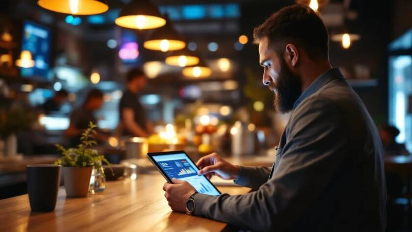 Restaurant owner reviewing digital dashboards in a modern restaurant, representing system design and business efficiency.
