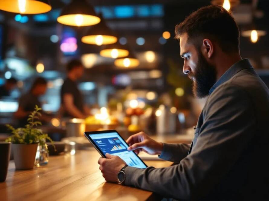 Restaurant owner reviewing digital dashboards in a modern restaurant, representing system design and business efficiency.
