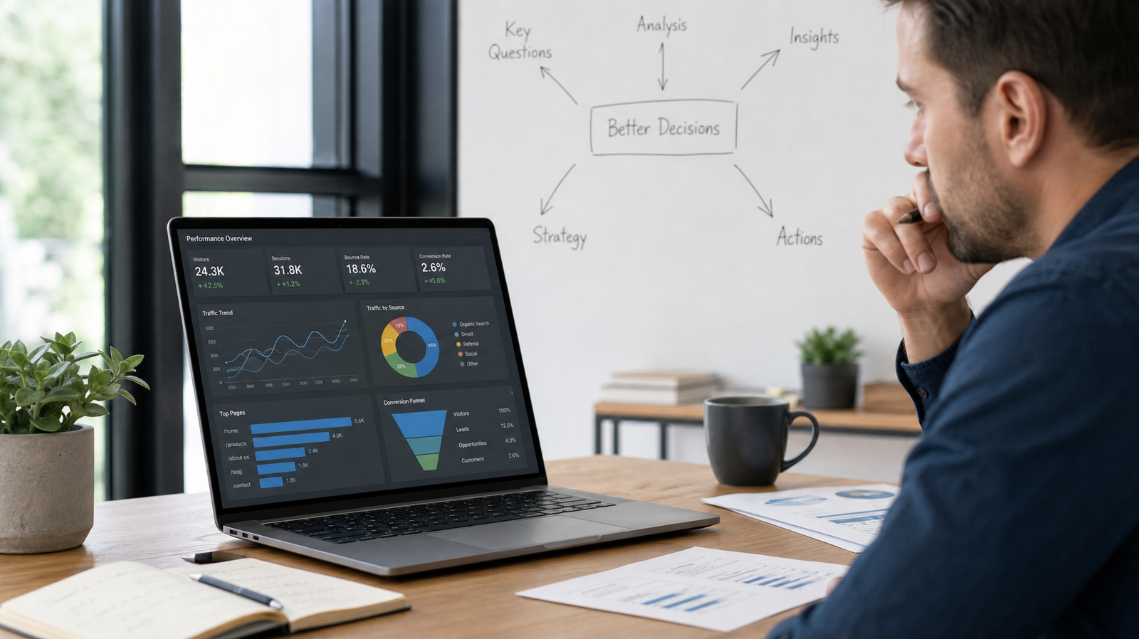 Professional reviewing a business analytics dashboard on a laptop, with a whiteboard showing the flow from key questions and analysis to insights, strategy, actions, and better decisions.