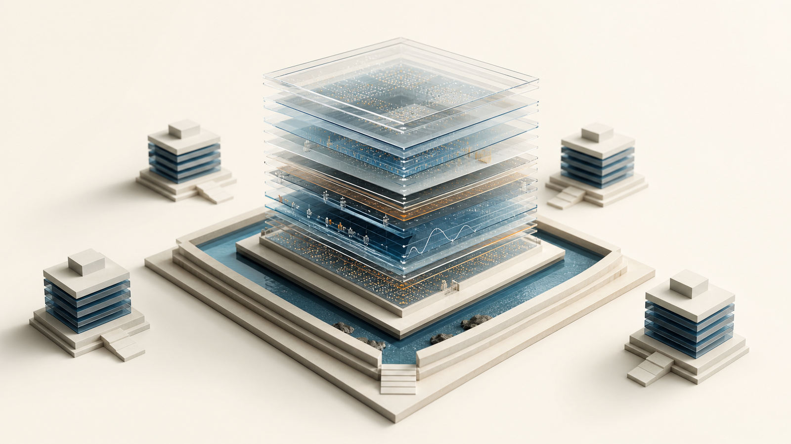 3D conceptual illustration of a data moat showing layered business data as a competitive advantage, with a central glass data structure surrounded by smaller buildings and a protective moat.