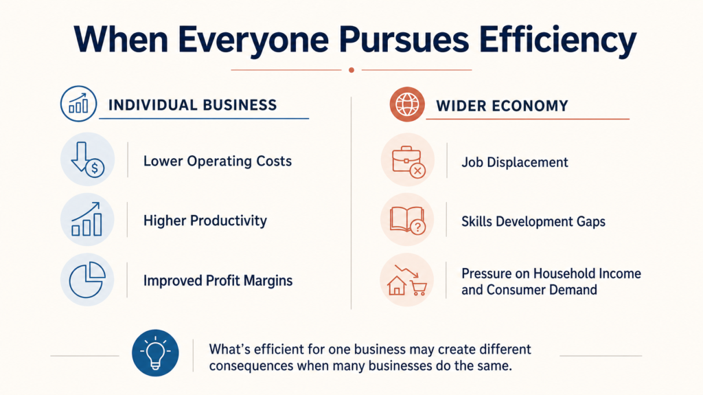 Infographic comparing the business benefits of AI automation, including lower costs and higher productivity, with potential economic consequences such as job displacement, skills gaps, and pressure on consumer demand.