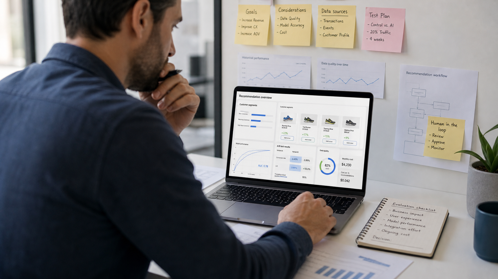 Can you generate the alt text for me on this one as well Professional reviewing an AI recommendation dashboard on a laptop, with notes outlining business goals, data sources, testing considerations, model performance, and human review.