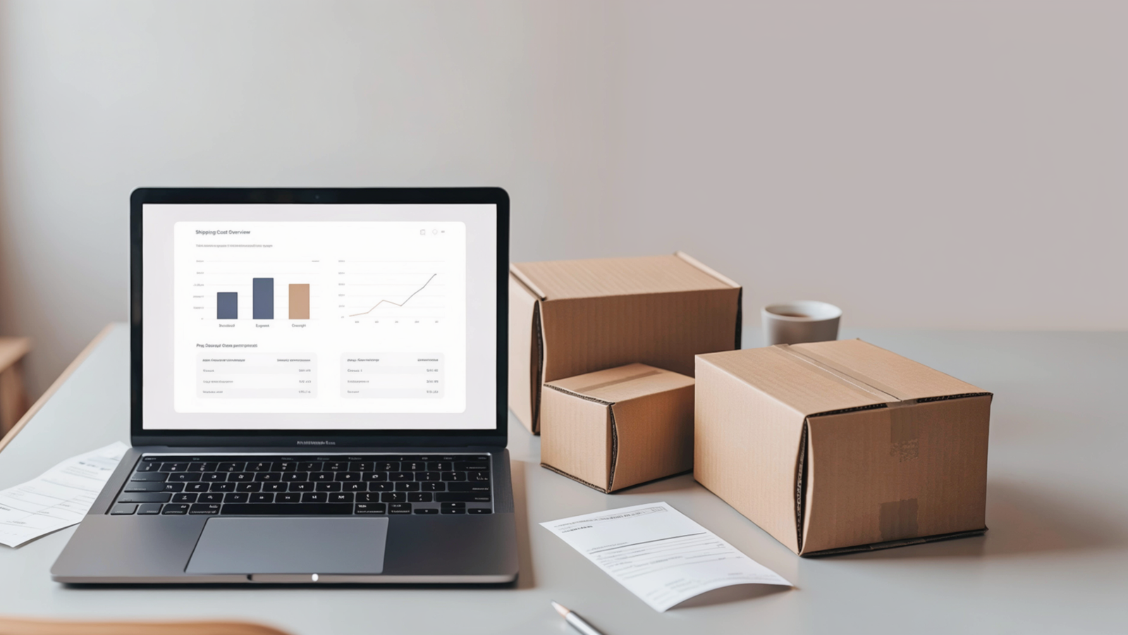 Laptop displaying a shipping cost analysis dashboard beside ecommerce packages and shipping documents.